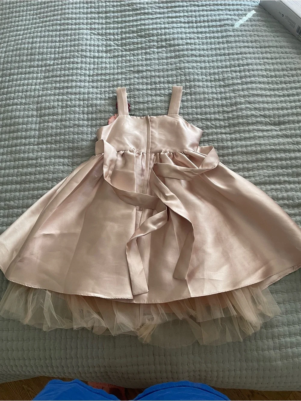 Bonnie Jean Blush Pink Satin Dress with Floral Appliqué